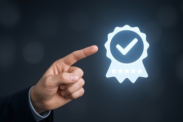 Hand pointing at glowing digital badge with checkmark symbol indicating success.