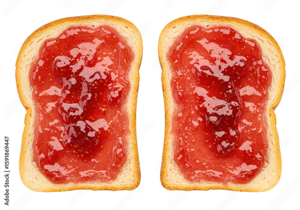 Poster two slices of toast with strawberry jam spread on top, isolated on a transparent background