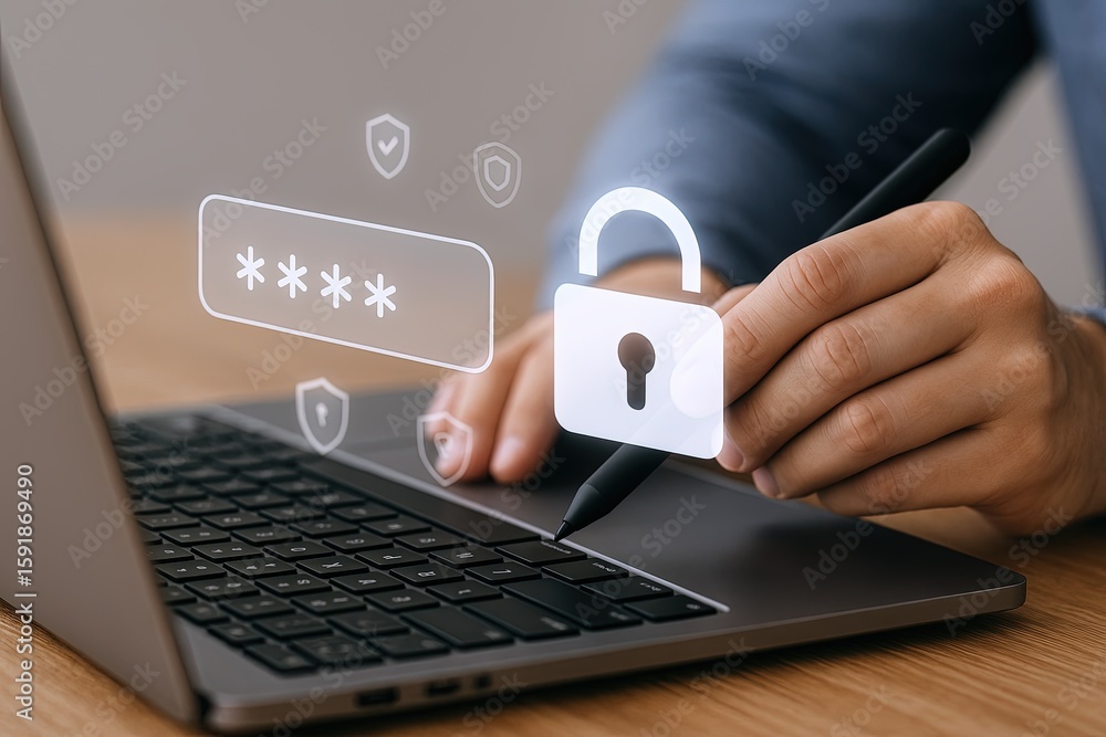 Poster close up of person using digital pen to unlock secure laptop with padlock icon on screen.