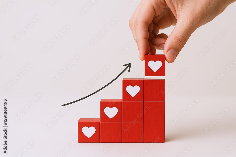Poster hand stacking red blocks with white hearts on top forming ascending progress chart.