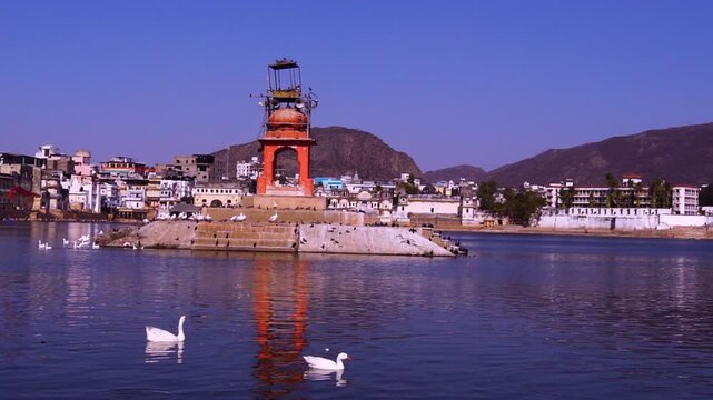 Serene Morning at Pushkar Ghats &ndash; Sacred Lake with Reflections, Birds, and Devotion
