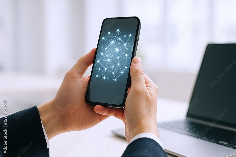 Poster close-up of a person holding smartphone displaying digital network connection hologram in modern wor