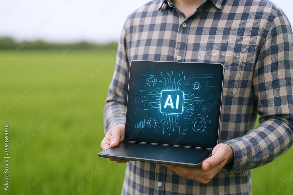 Poster man holding a laptop displaying ai technology with a lush green field in the background.
