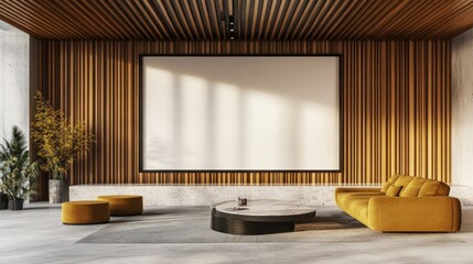 Modern interior design with a muted yellow sofa and a blank display.