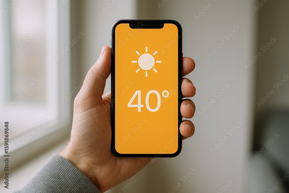 Poster modern smartphone displaying weather forecast with temperature in bright orange screen.