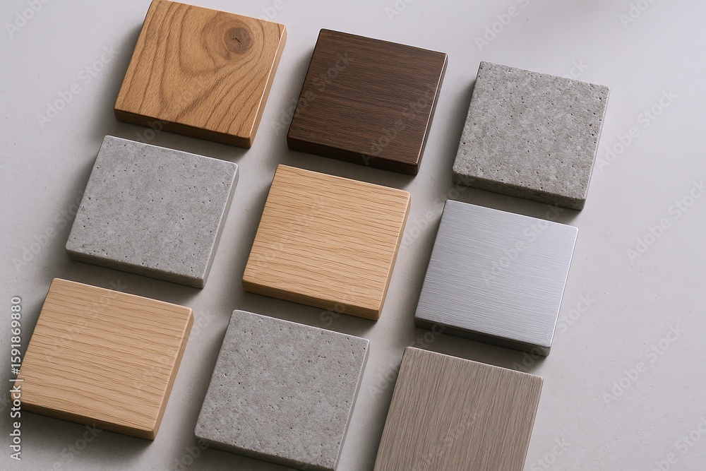 Poster nine different wood and concrete samples in a grid pattern for interior design and material comparis