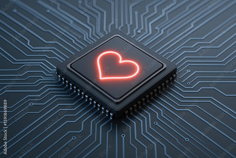 Aufkleber advanced microchip with glowing heart symbol representing technology and healthcare.