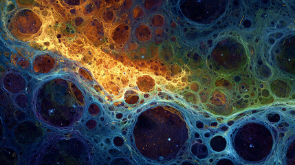 Intricate Abstract Fractal Background with Luminous Bubbles and Organic Veins in Fiery Orange, Deep Blue, and Purple Hues, Creating a Dynamic and Mysterious Microscopic or Cosmic Scene

