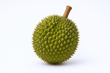 Fresh Durian Fruit with Spiky Green Exterior and Short Brown Stem on White Background.