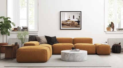 Contemporary living room with mustard-colored sectional sofa.