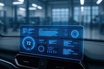 Fototapeta premium Futuristic holographic digital dashboard interface displaying data analytics in modern vehicle interior.