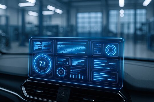 Futuristic holographic digital dashboard interface displaying data analytics in modern vehicle interior.