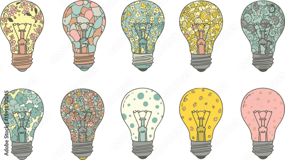 Aufkleber vector art of a group of lightbulbs with various floral and geometric patterns isolated on transpare