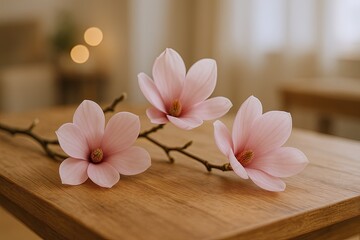 Beautiful pink magnolia flowers with delicate petals resting on a wooden surface indoors.