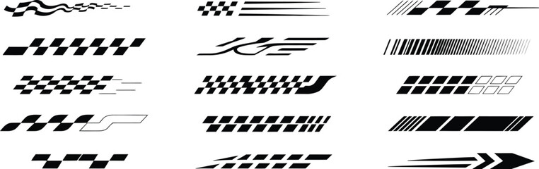 Racing Cars & Stripes Set with Checkered Flag Elements In Vector Style

