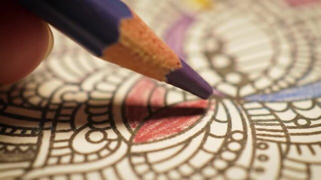 Coloring a complex pattern book with a purple pencil, creating shadows and vibrant colors