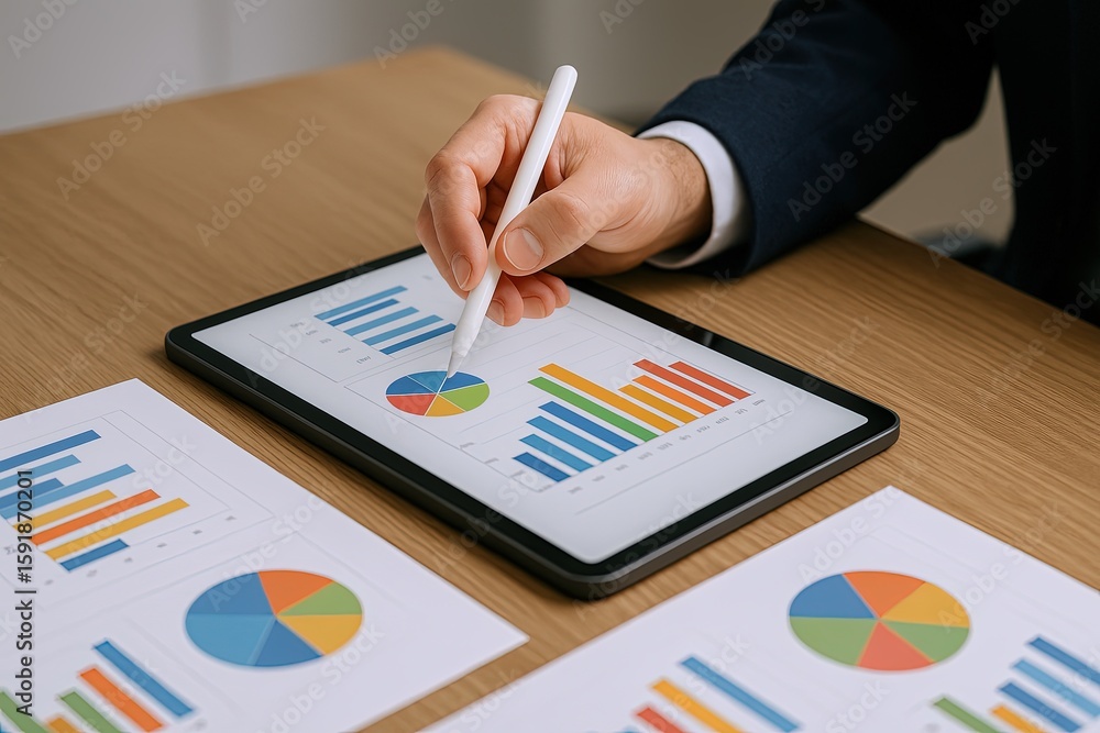 Poster businessperson analyzing financial charts using digital tablet with graphs and data presentation.
