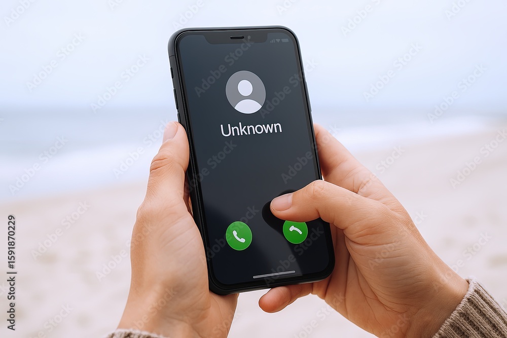 Poster close-up of a hand holding a smartphone with an incoming unknown call on a beach background.