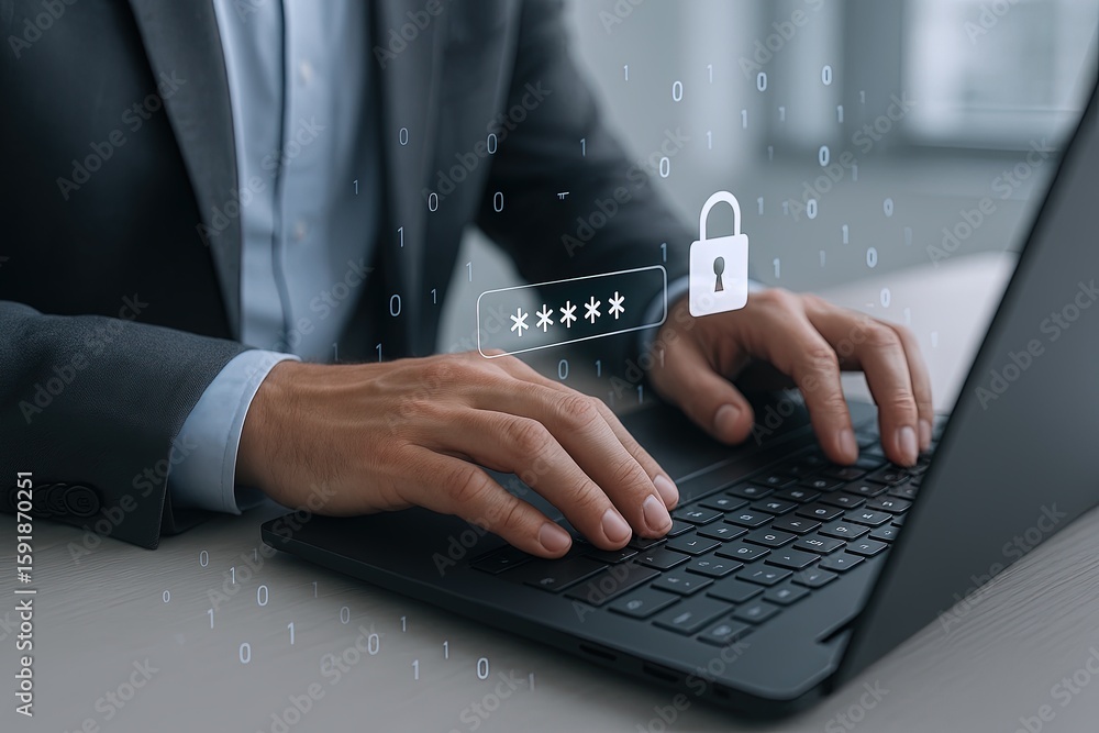 Poster business person using laptop with digital security lock and password entering.