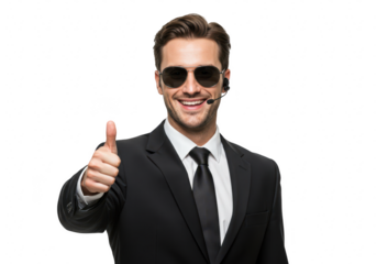 A smiling man in a suit and sunglasses gives a thumbs up, isolated on transparent background