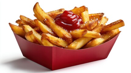 Crispy golden french fries generously sprinkled with salt topped with a dollop of bright red ketchup in a red paper container