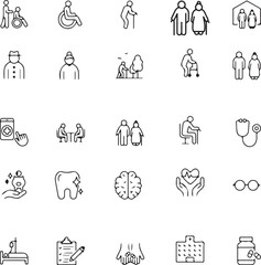 Elderly Line Icon Set Nursing Home, Hospital & Senior Care Vector Illustrations (Editable Stroke)