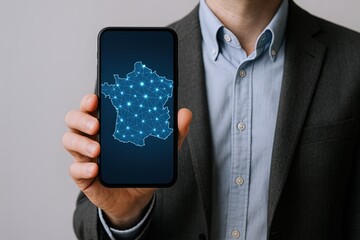 Businessman holding smartphone with digital map of France showing network connections.