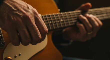 Fototapeta premium A guitarist's hands strumming a yellow electric guitar, focused on musical instrument