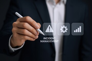 Businessman in formal attire using digital tablet for incident management and data analysis.