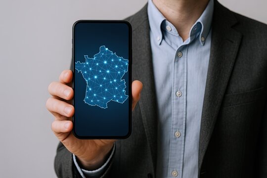 Businessman holding smartphone with digital map of France showing network connections. - Powered by Adobe