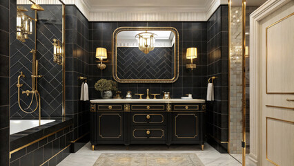Luxurious art deco bathroom with black tiles and gold fixtures