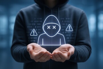 Futuristic hologram of a sad emoji with binary code and warning icon in hands.