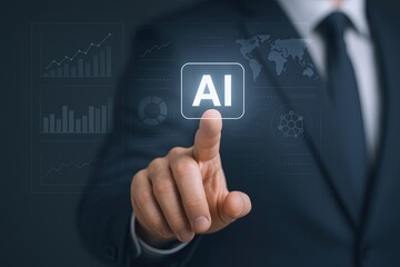 Businessman interacting with artificial intelligence digital interface on futuristic screen.