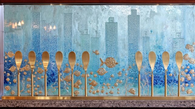 Gold spoons against a backdrop of a city scene and fish.