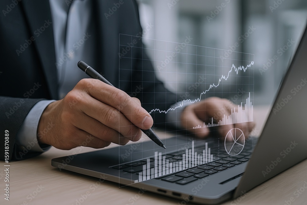 Poster business professional analyzing growth data using digital graphs and technology.