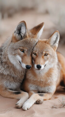 Fototapeta premium Coyote wildlife in nature, desert setting with fur detail, pair relaxing in outdoor environment