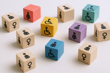 Set of colorful wooden blocks with wheelchair, accessibility, and disability symbols.