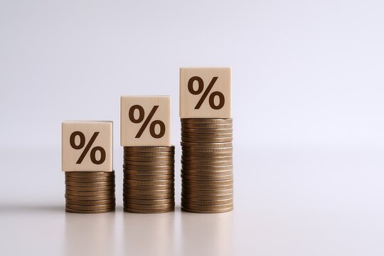 Growing Stack of Coins with Percent Symbols Representing Financial Growth and Investment.