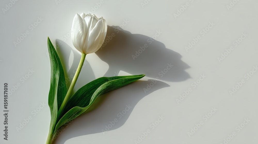 Poster a single white tulip with green leaves casts a soft shadow on a light surface, highlighting its deli
