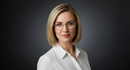 Close-up portrait of blonde woman wearing glasses and white shirt against gray background, conveying professionalism and confidence