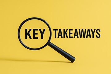Close-up of a magnifying glass highlighting the words key takeaways on yellow background.