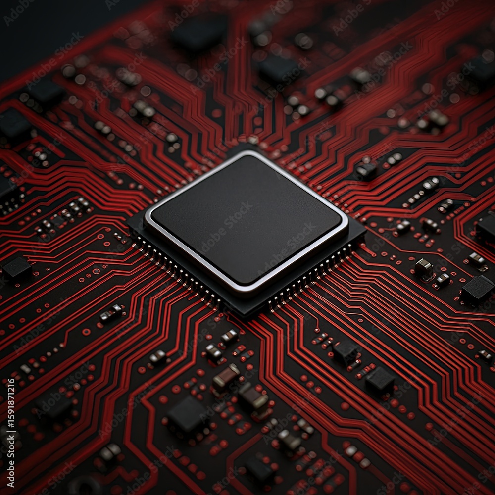 Poster close-up of a microprocessor chip mounted on a red printed circuit board with electronic components.