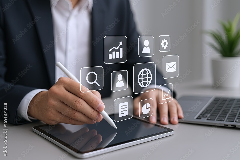 Poster modern business professional using digital tablet with virtual icons for communication and analysis.