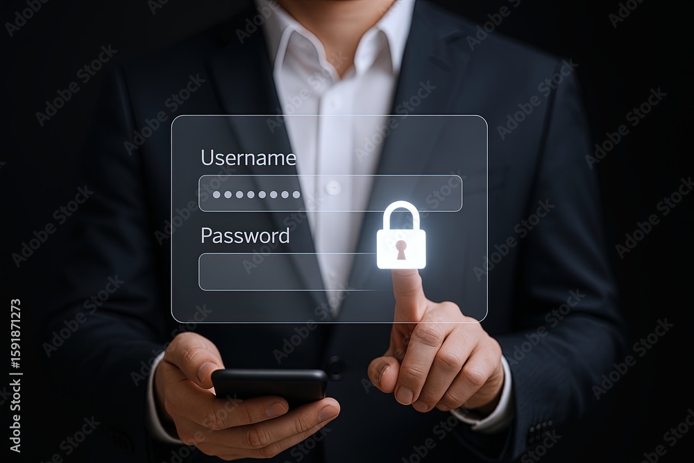 Poster business person using contactless fingerprint to unlock mobile device with security app.