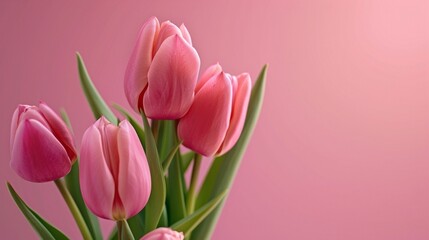 Pink tulips isolated on clear pink background, minimalistic pink wallpaper
