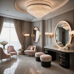modern luxury, open space with soft feminine curves, oval mirrors, round lighting, clean modern lines, aesthetic treatment beds visible, elegant reception, shell chairs,