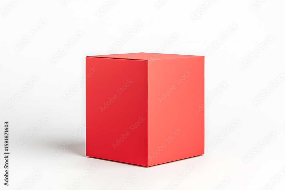 Poster a vibrant red rectangular box stands on a clean white surface. the minimalist composition highlights