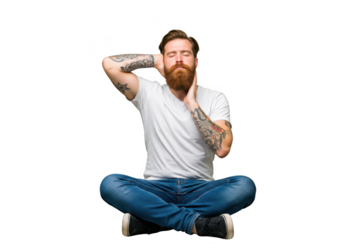 A tattooed man with a beard sits in a meditative pose with his hands on his neck, eyes closed, isolated on a transparent background