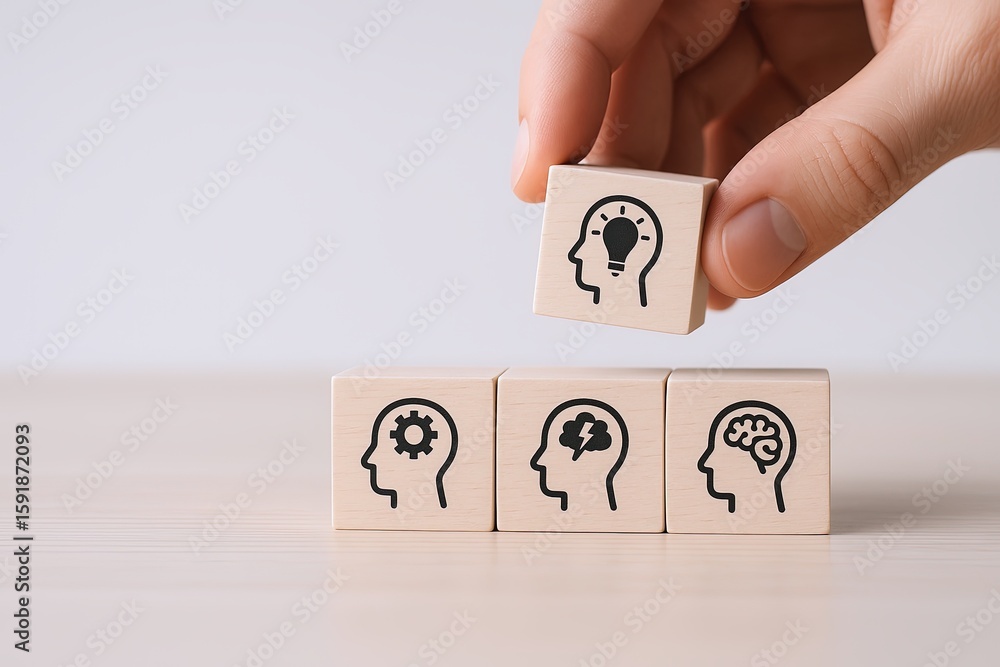 Poster hand arranging wooden blocks with brain and idea icons symbolizing creativity and innovation.