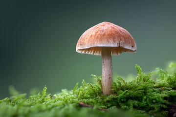 A single mushroom standing on green moss with a blurred green background